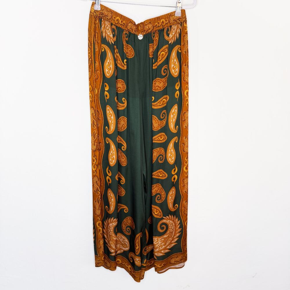 NWT Anthropologie Farm Rio Printed Wide Leg Green Gold Cheetah Satin Pants Med - Picture 15 of 15